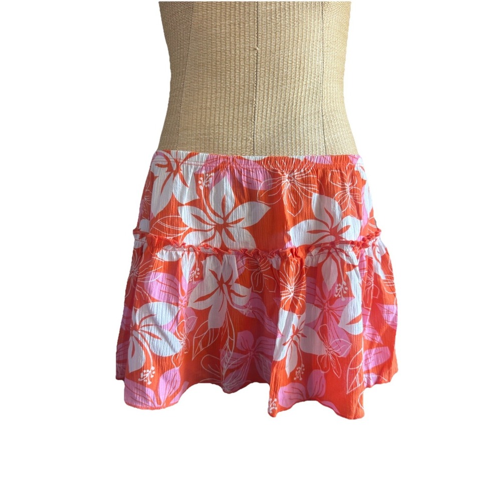 Y2K Hibiscus Floral Print Mini Skirt Flowy Tiered Cotton Orange Large VSCO Beach